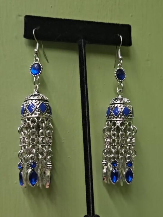 Fashion Jewelry Jewelry - Chandelier Earrings Blue Rhinestones and Silver Jhumkas Diwali Bollywood